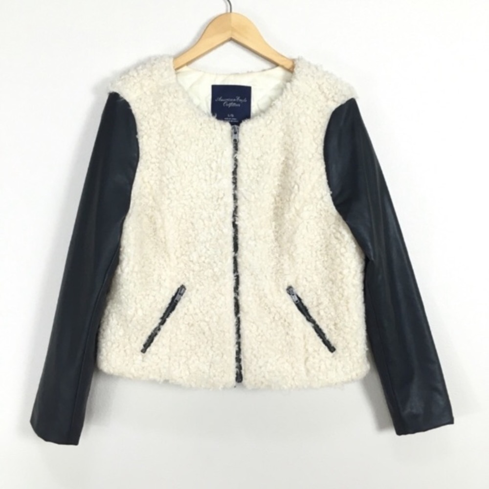 American Eagle AEO Black Faux Leather Ivory Sherpa Moto Jacket Women’s Sz Large